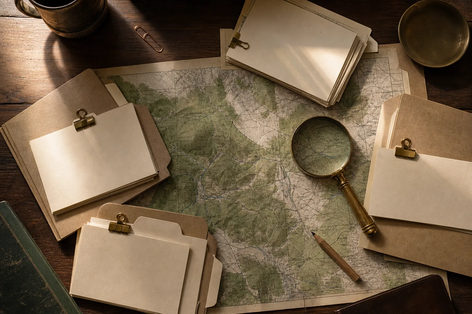 Topographic map with folders and field notes arranged for review