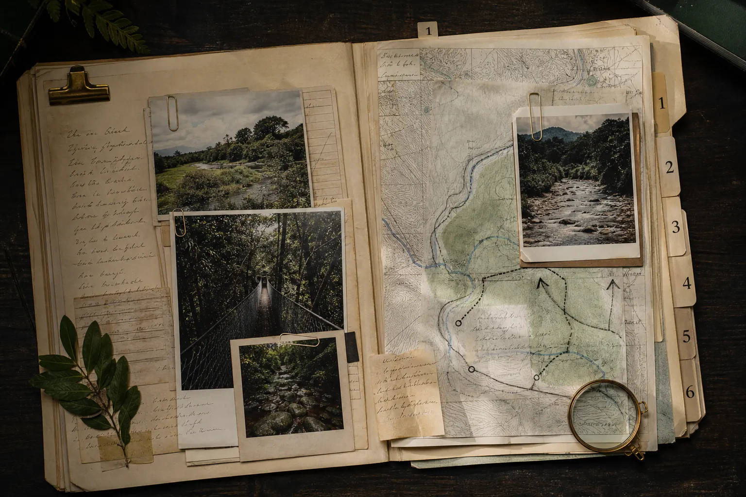 Field notes, maps, and photographs in an open folder