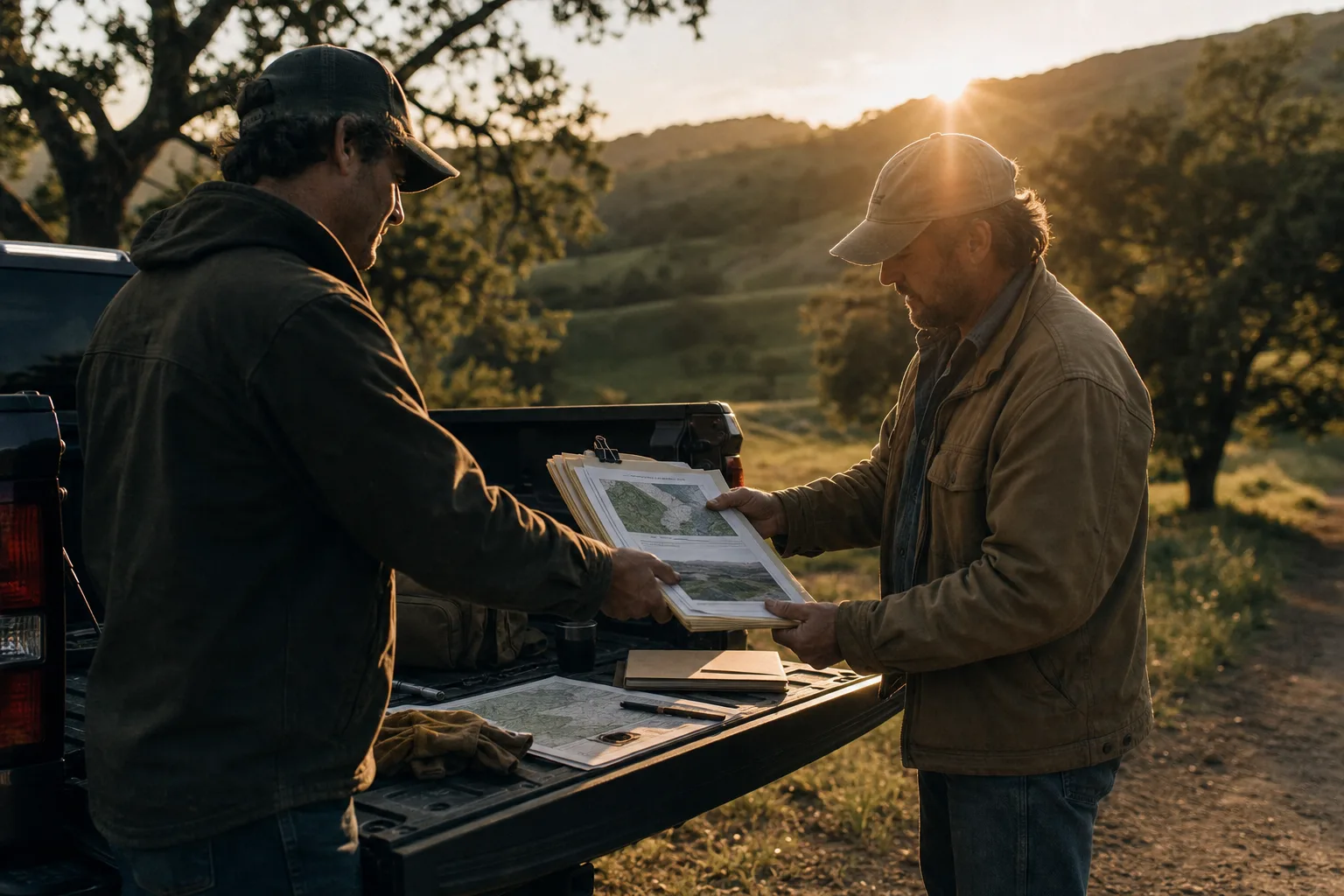 A field folder being shared at a truck tailgate in a rural landscape