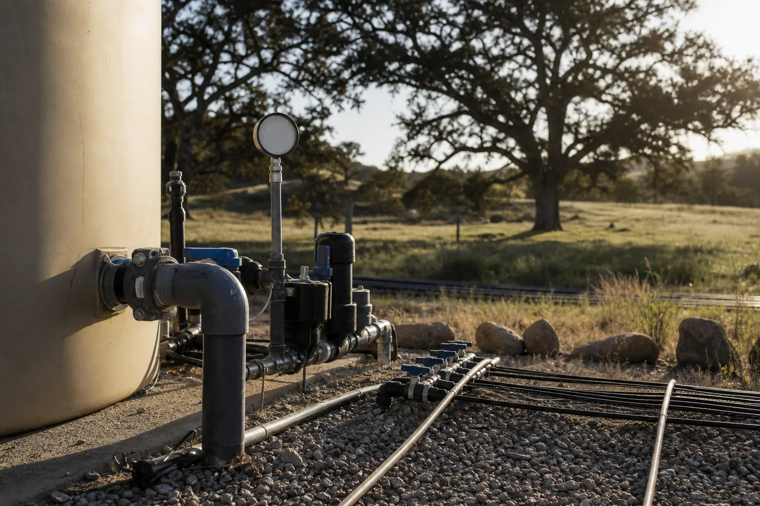Irrigation infrastructure beside working agricultural ground