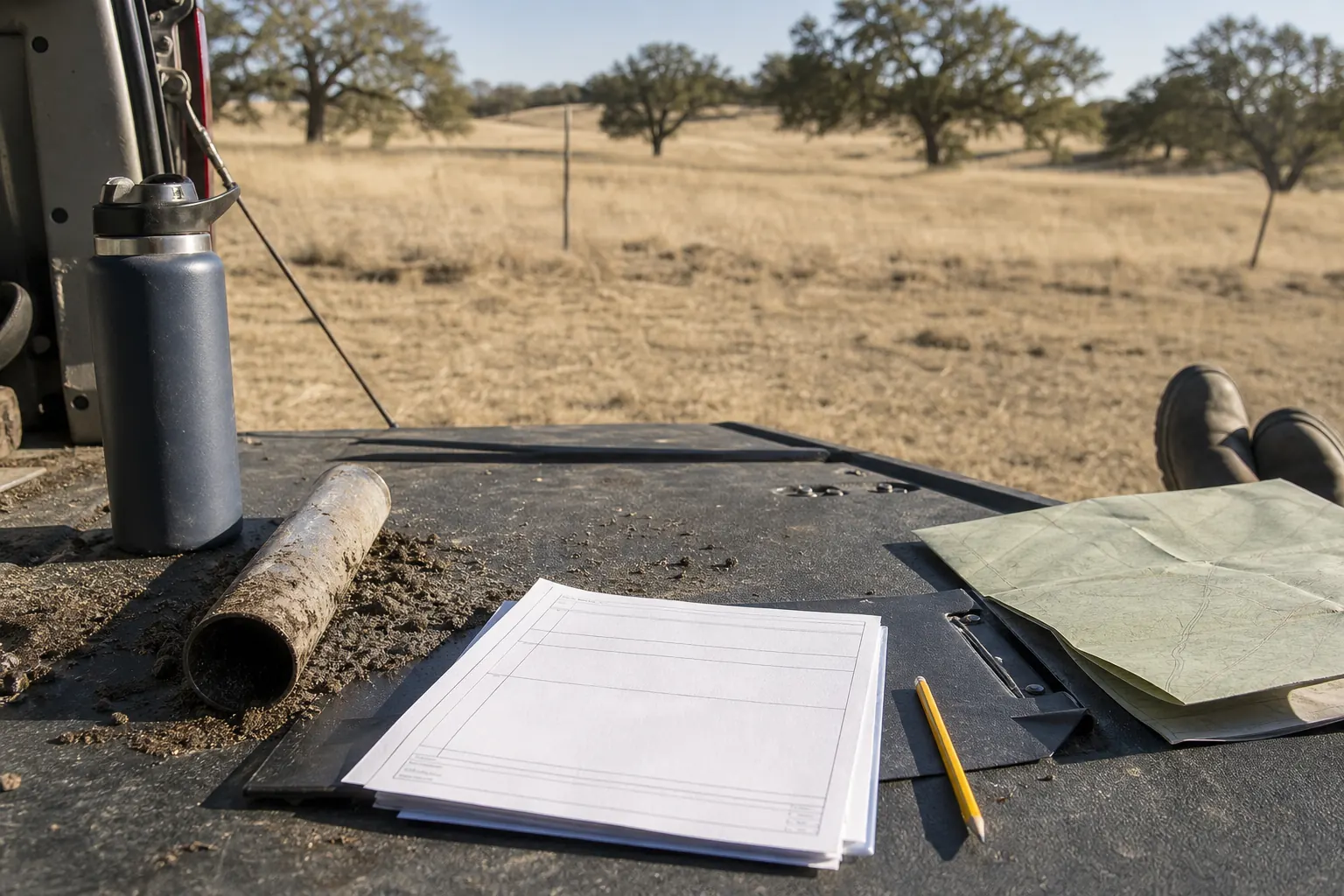 Field notes, maps, and a clipboard assembled on a truck tailgate