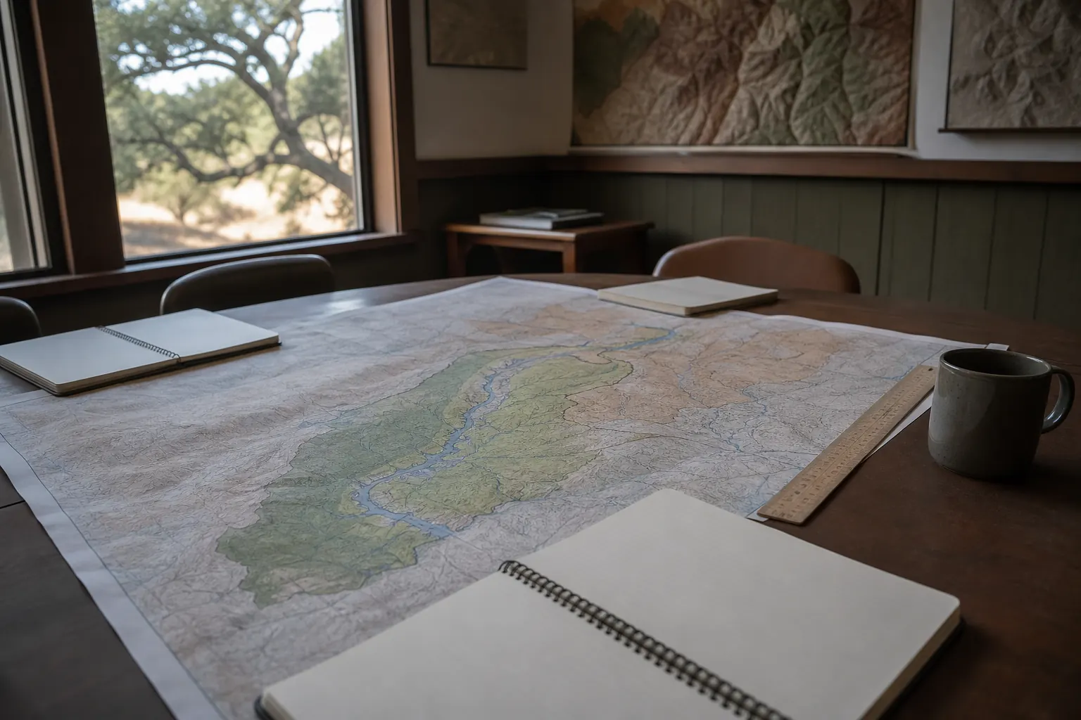 Regional planning table with a topographic map