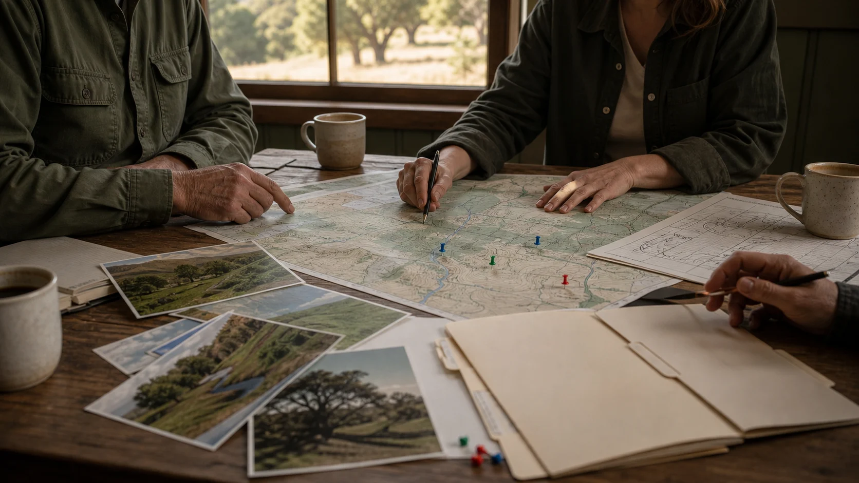 Regional agricultural partners coordinating around maps and field records in a field office