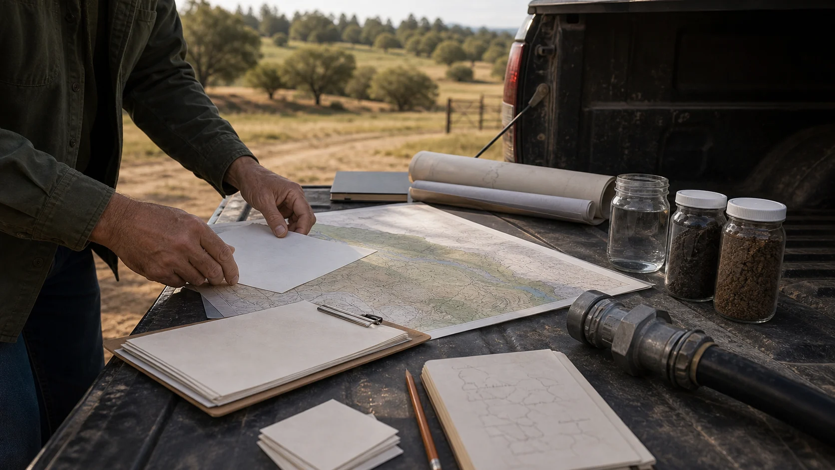 Producer intake materials, maps, soil samples, and irrigation hardware on a truck tailgate