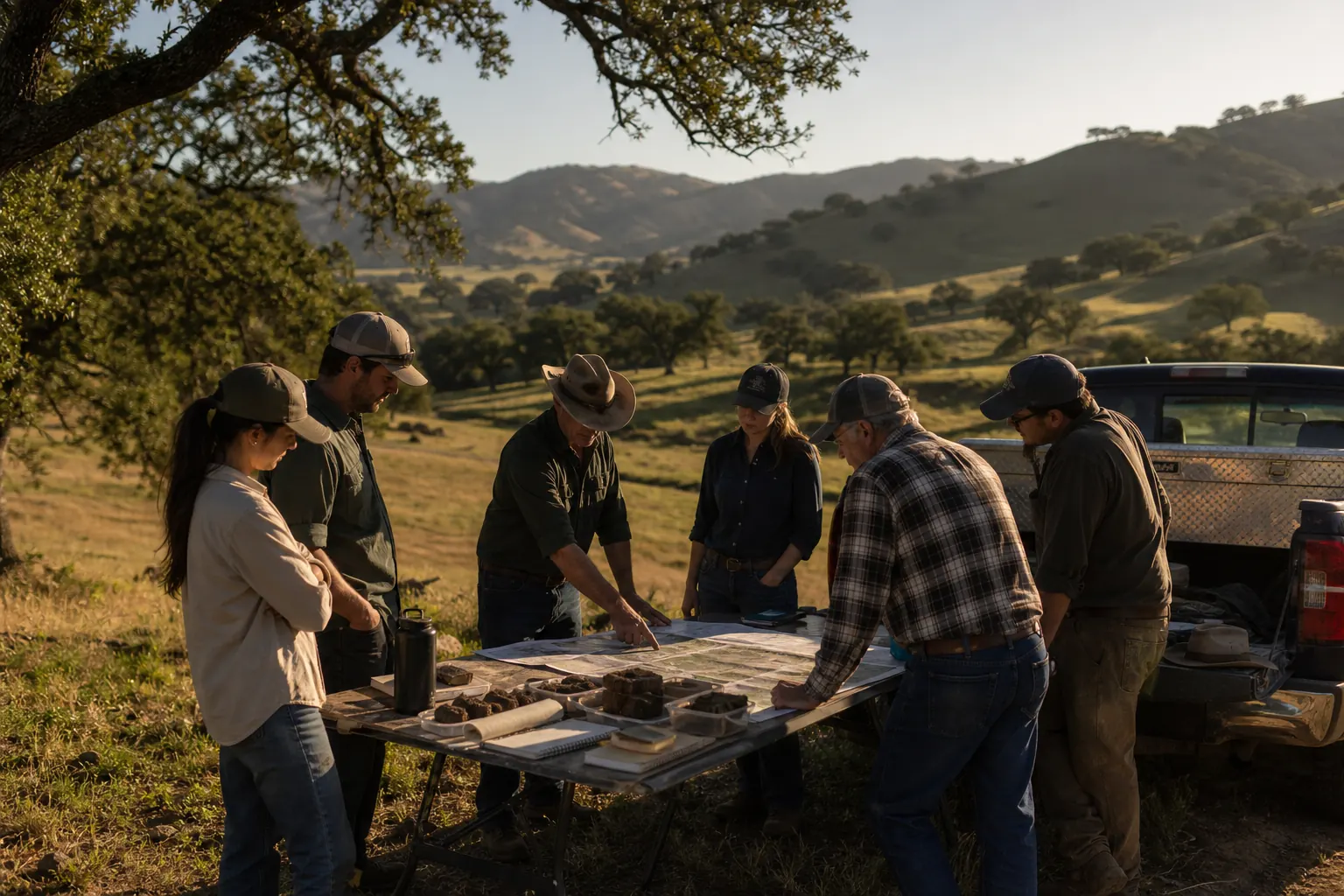 A field gathering with maps and notes on a work table