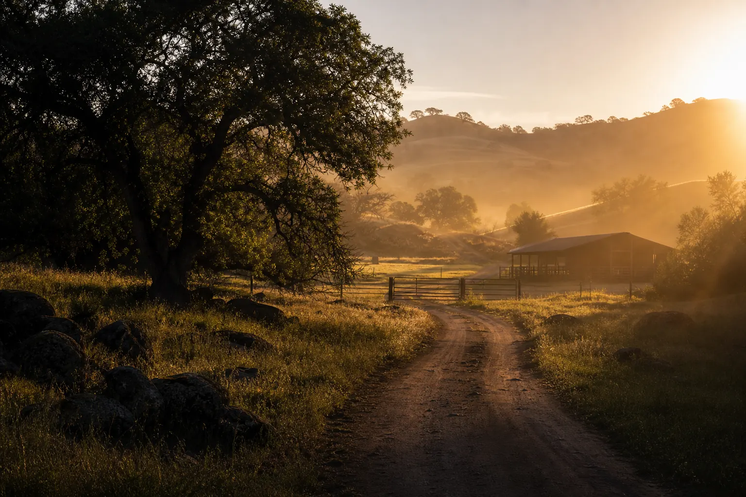 A ranch road winding past oak trees toward pasture and a barn at golden hour