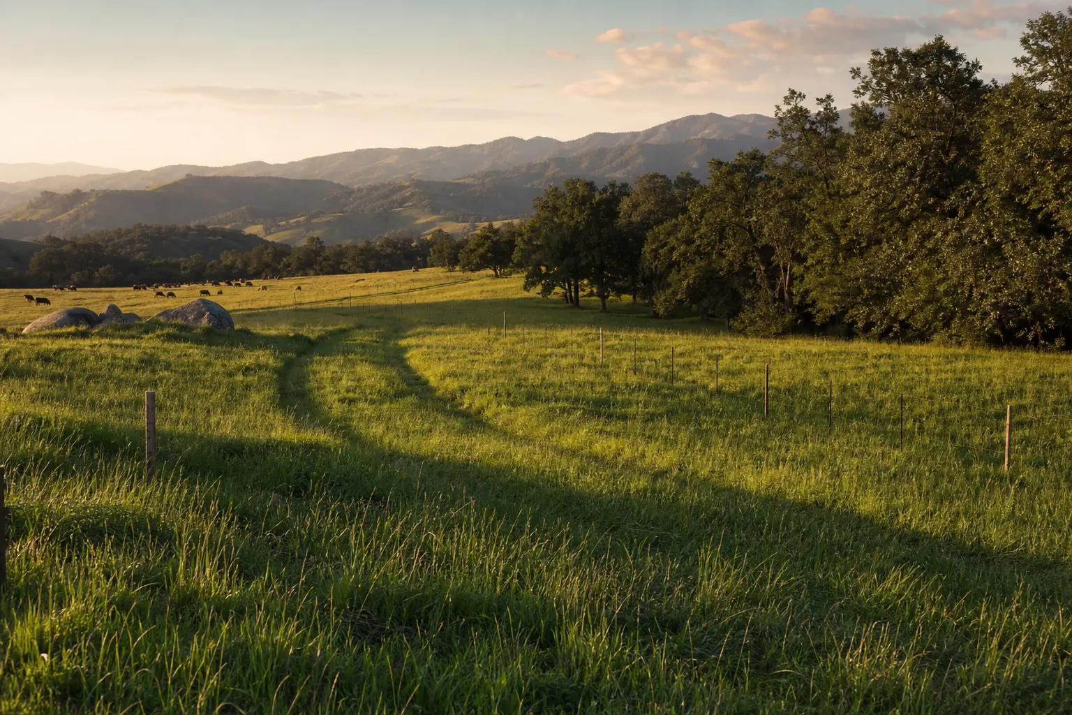 Open pasture, fencing, and oak-covered foothills